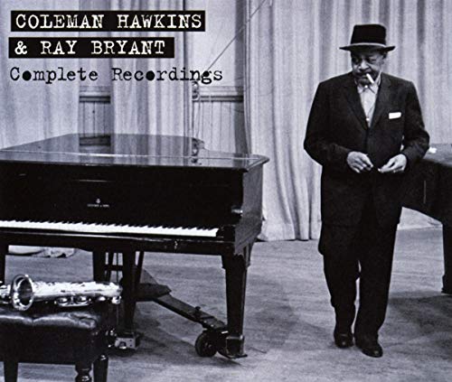Black and white photo of Coleman Hawkins and a piano, album cover.