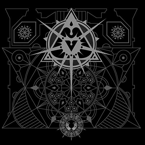 Intricate grey geometric and occult-style line art on a solid black background.