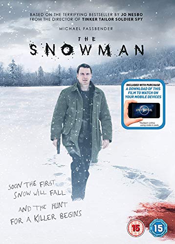 DVD cover for “The Snowman” featuring Michael Fassbender in a snowy landscape.