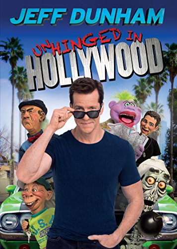 Jeff Dunham with puppets, Hollywood scenery, and DVD title text.