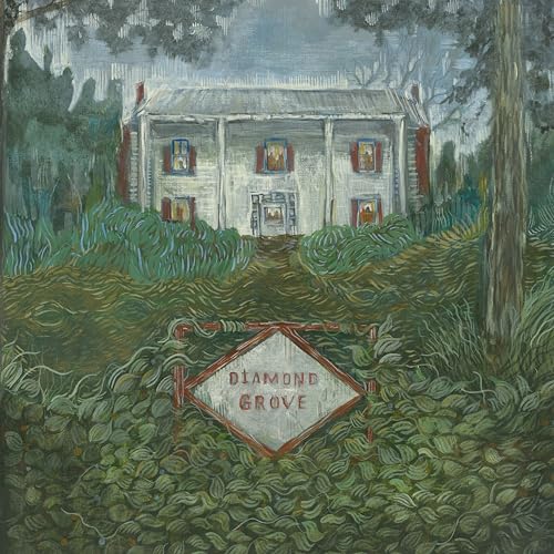 Painted image of a large house surrounded by overgrown greenery and a sign.