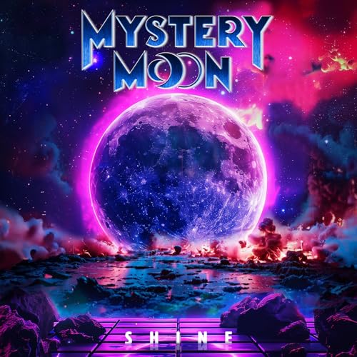 Album cover for "Mystery Moon - Shine" featuring a glowing moon and landscape.