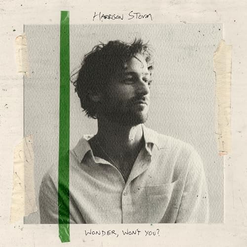 Black and white portrait of Harrison Storm with a green stripe.