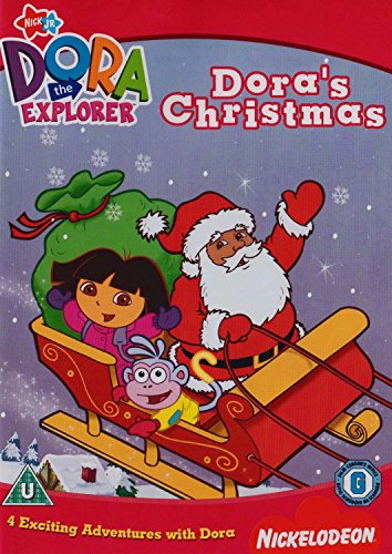 Dora the Explorer and Boots riding in a sleigh with Santa Claus in snow.