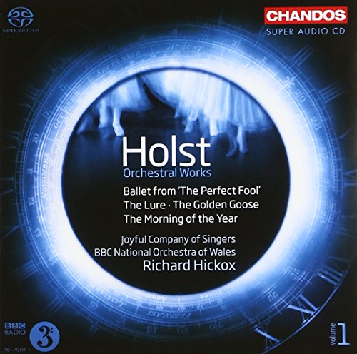 CD cover for Holst orchestral works with a blue, circular clock design.