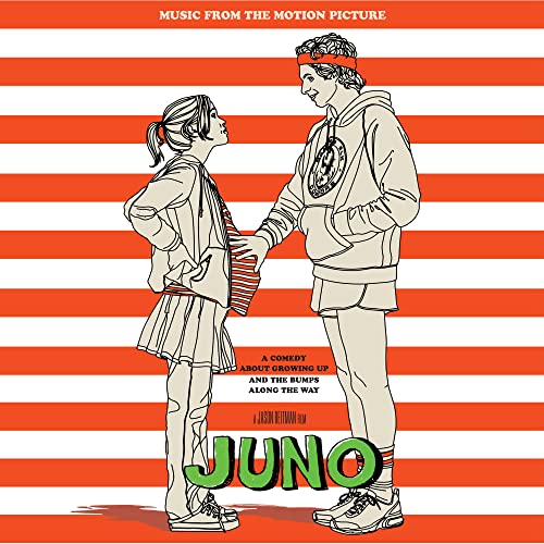 Juno" movie soundtrack vinyl cover with illustrated couple and red stripes.