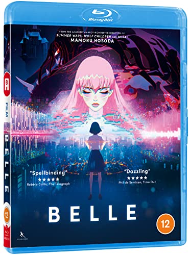 Blu-ray cover for animated film "Belle" featuring a pink-haired woman and cityscape.