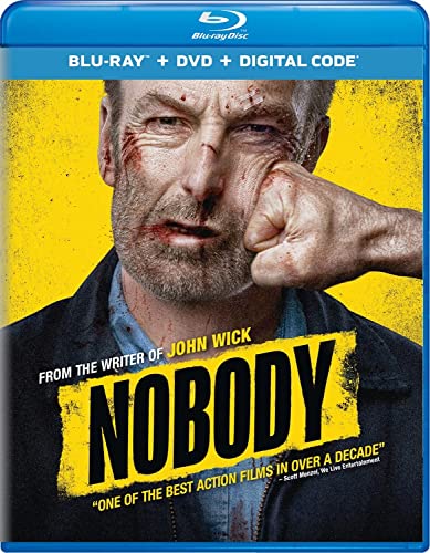 Blu-ray cover for "Nobody" featuring a bruised Bob Odenkirk.