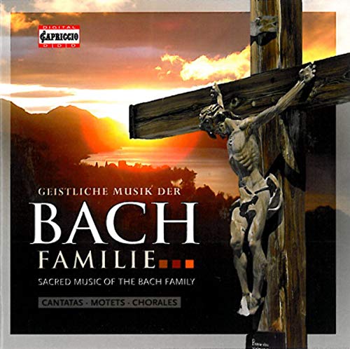CD cover: Crucifixion scene with sunset, text “Bach Family – Sacred Music”.