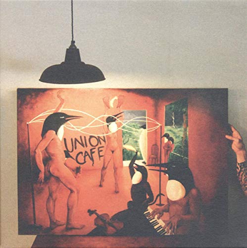Surreal album cover with human-penguin hybrids in a room with instruments.