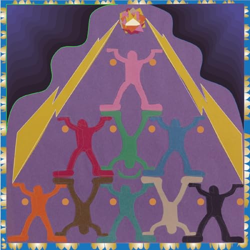 Album cover with stylized figures in vibrant colors against a purple background.