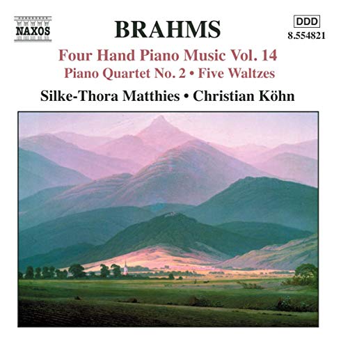 CD cover for Brahms’ Four Hand Piano Music Vol. 14, mountain landscape.