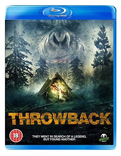 Blu-ray cover for "Throwback" featuring a forest, tent, and monstrous face.
