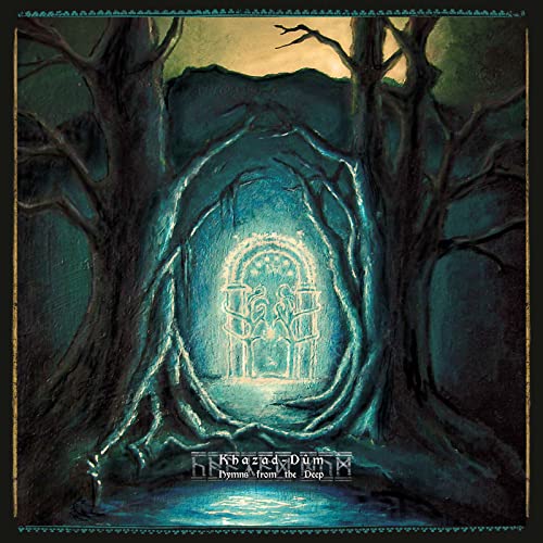 Dark fantasy landscape with glowing doorway, album cover for "Khazad-dûm.