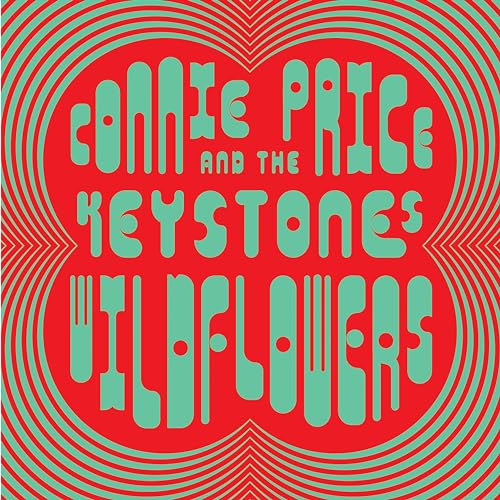 Album cover with teal text on a red background featuring concentric circular patterns.
