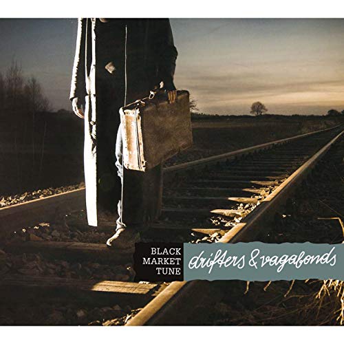 Person with suitcase stands on railroad tracks, album title below.