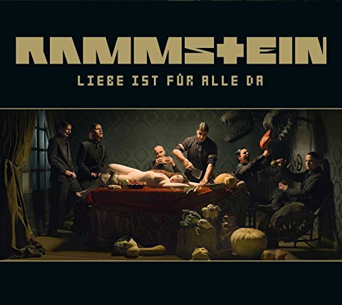 Rammstein album cover featuring band members gathered around a table with a reclining figure.