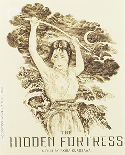 Vintage-style cover for āThe Hidden Fortressā Blu-ray, woman with a spear.