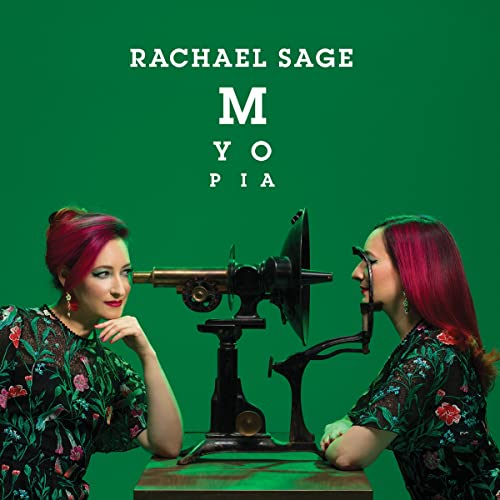 Album cover for Rachael Sage’s “Myopia” featuring a woman and antique listening device.