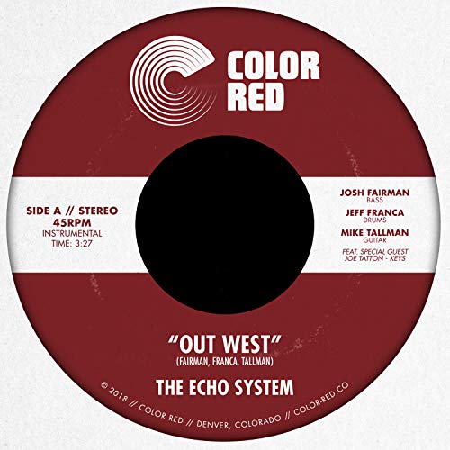 Red vinyl record label with white text listing band and song details.