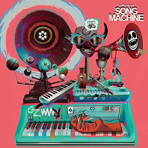 Gorillaz "Song Machine" album cover with cartoon characters and musical instruments.