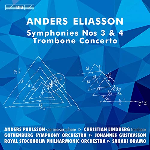 CD cover for Anders Eliasson symphonies and trombone concerto, blue geometric design.