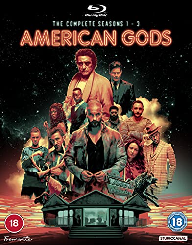 Blu-ray cover for "American Gods" seasons 1-3 featuring a cast portrait.