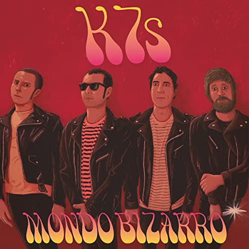 Painted portrait of four men in leather jackets, album cover for K7s.