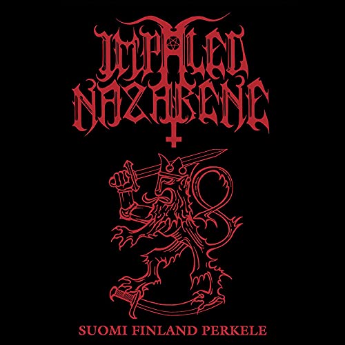 Red logo and Finnish lion emblem on a black background for Impaled Nazarene album.