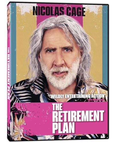 DVD cover for "The Retirement Plan" featuring Nicolas Cage with gray hair.