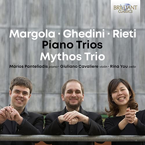 CD cover featuring three musicians: a piano trio, Mythos Trio.
