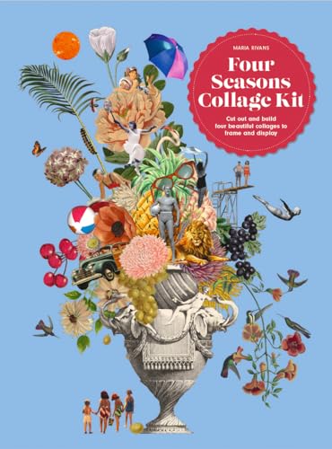 Surreal collage art featuring flowers, vintage figures, and objects arranged in a large urn.