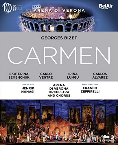 Blu-ray cover for opera *Carmen* at Arena di Verona, with performers’ names.