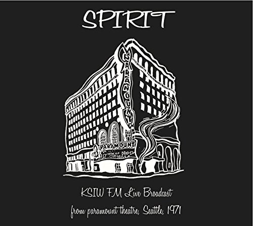 Spirit album cover: white sketch of Paramount Theatre, Seattle, 1971.