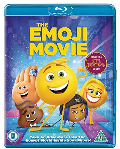 Blu-ray cover for "The Emoji Movie" featuring smiling emoji characters.