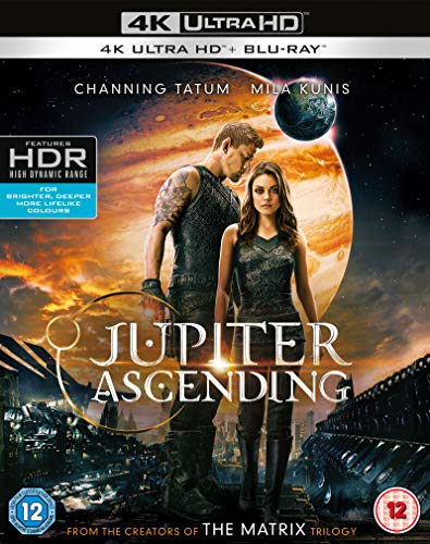 Jupiter Ascending" Blu-ray cover with Channing Tatum, Mila Kunis, and a planetary backdrop.