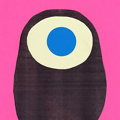 Abstract face with large blue eye on a pink background.