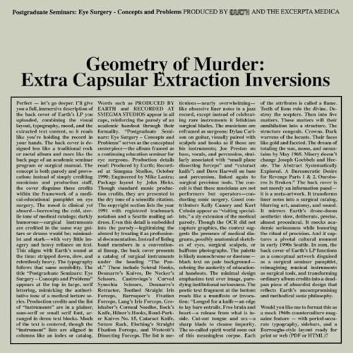 Vinyl record cover: dark geometric design with white text, "Geometry of Murder.
