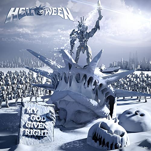 Helloween album cover: robotic figure atop a snowy, broken Statue of Liberty.