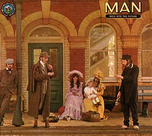 Album cover: group in vintage clothing at a train station.