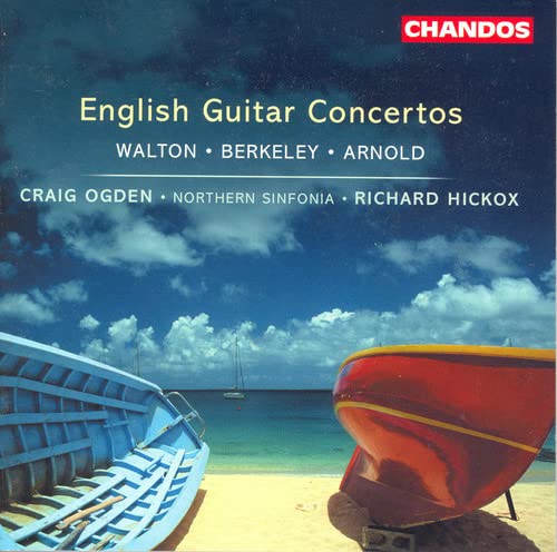 CD cover for "English Guitar Concertos" featuring boats on a beach.