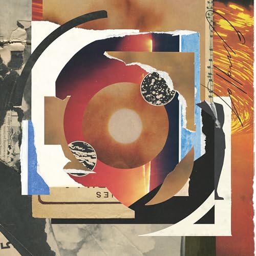 Abstract collage with circles, curves, and torn paper in warm tones.