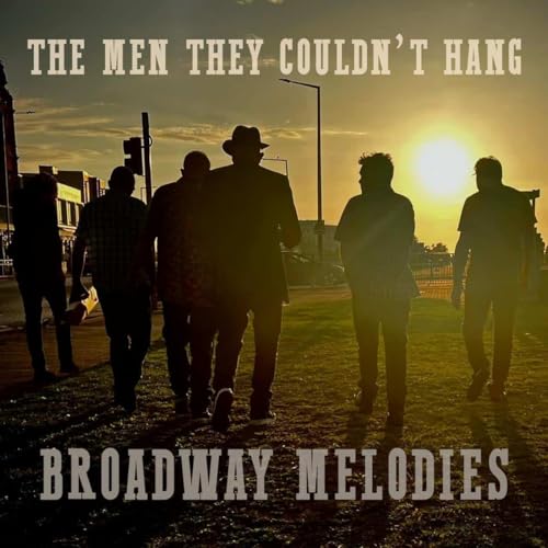 Silhouettes of five men walking against a sunset background with band and album text.