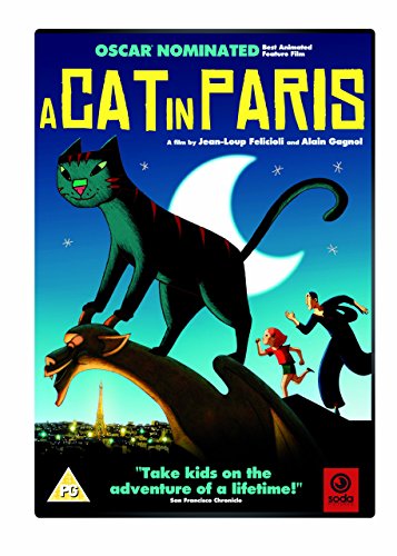 DVD cover for “A Cat in Paris” featuring a black cat and Paris skyline.