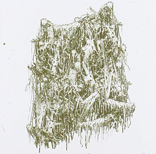 Olive green abstract illustration of tangled, dripping organic forms on a white background.
