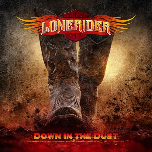 Cowboy boots with wings and band logo, textured red and brown background.