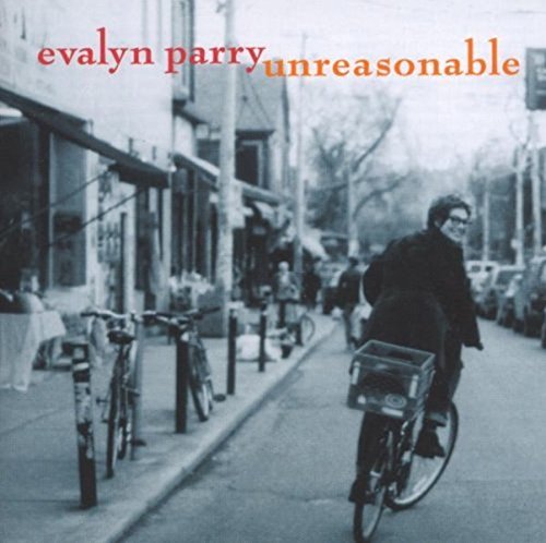 CD cover: Evalyn Parryās āUnreasonableā with a street scene and cyclist.