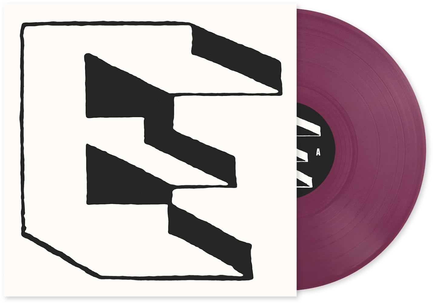 Vinyl record with purple disc and album cover featuring a black "E".