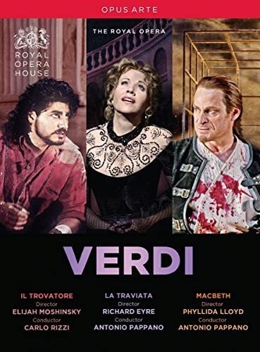 DVD cover for Verdi operas featuring three opera singers in costume.