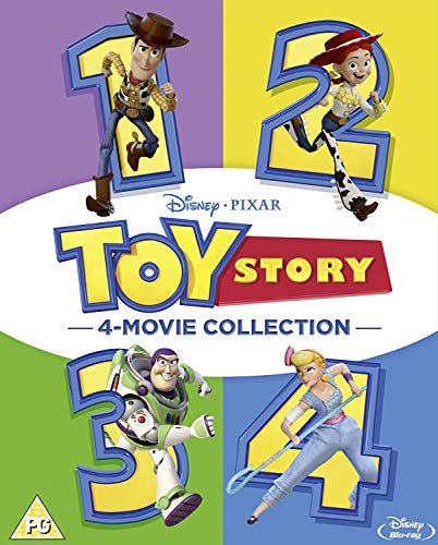 Toy Story 1-4 Blu-ray boxset cover featuring Woody, Jessie, Buzz Lightyear, and Bo Peep.